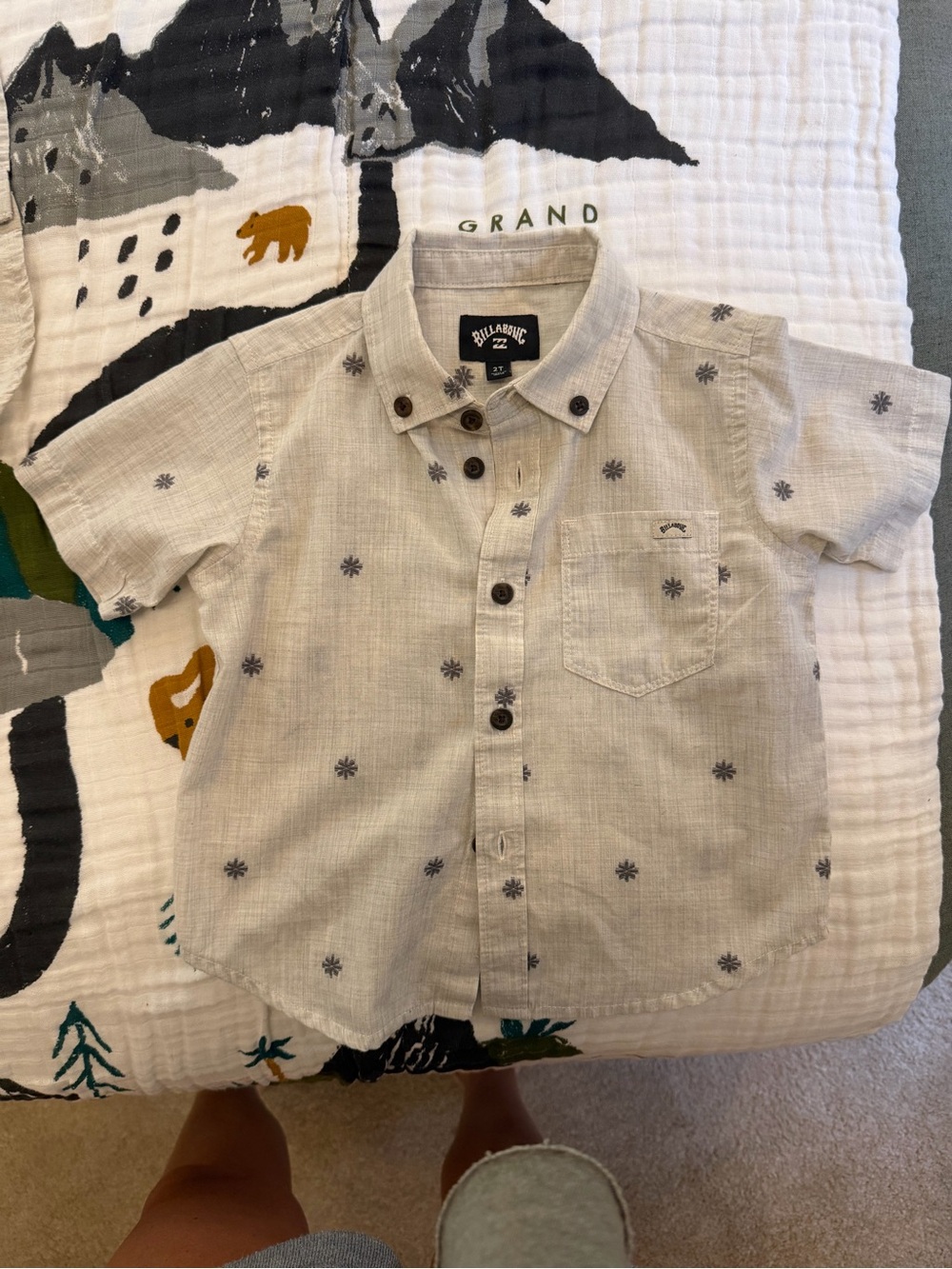 Billabong Boys' Short Sleeve Button-Up Shirt in Light Tan with Navy Accents